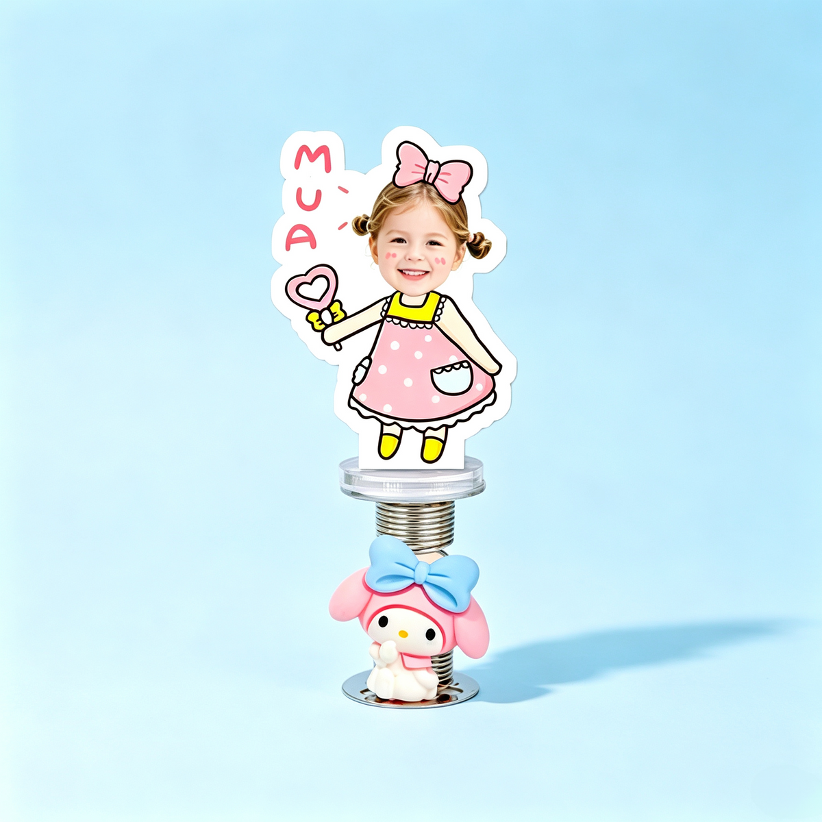 Sweetheart Girl Custom Photo Spring Bobblehead — personalized acrylic spring figure made from your photo, girl in an apron