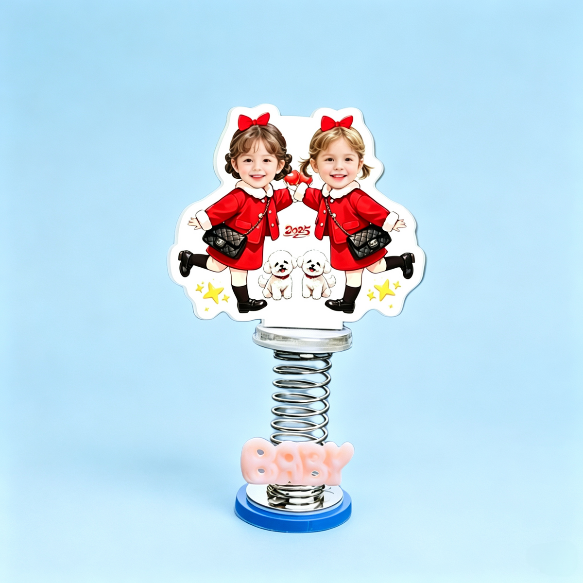 Twin Sisters Custom Photo Spring Bobblehead — personalized acrylic spring figure made from your photo, twin girls in red