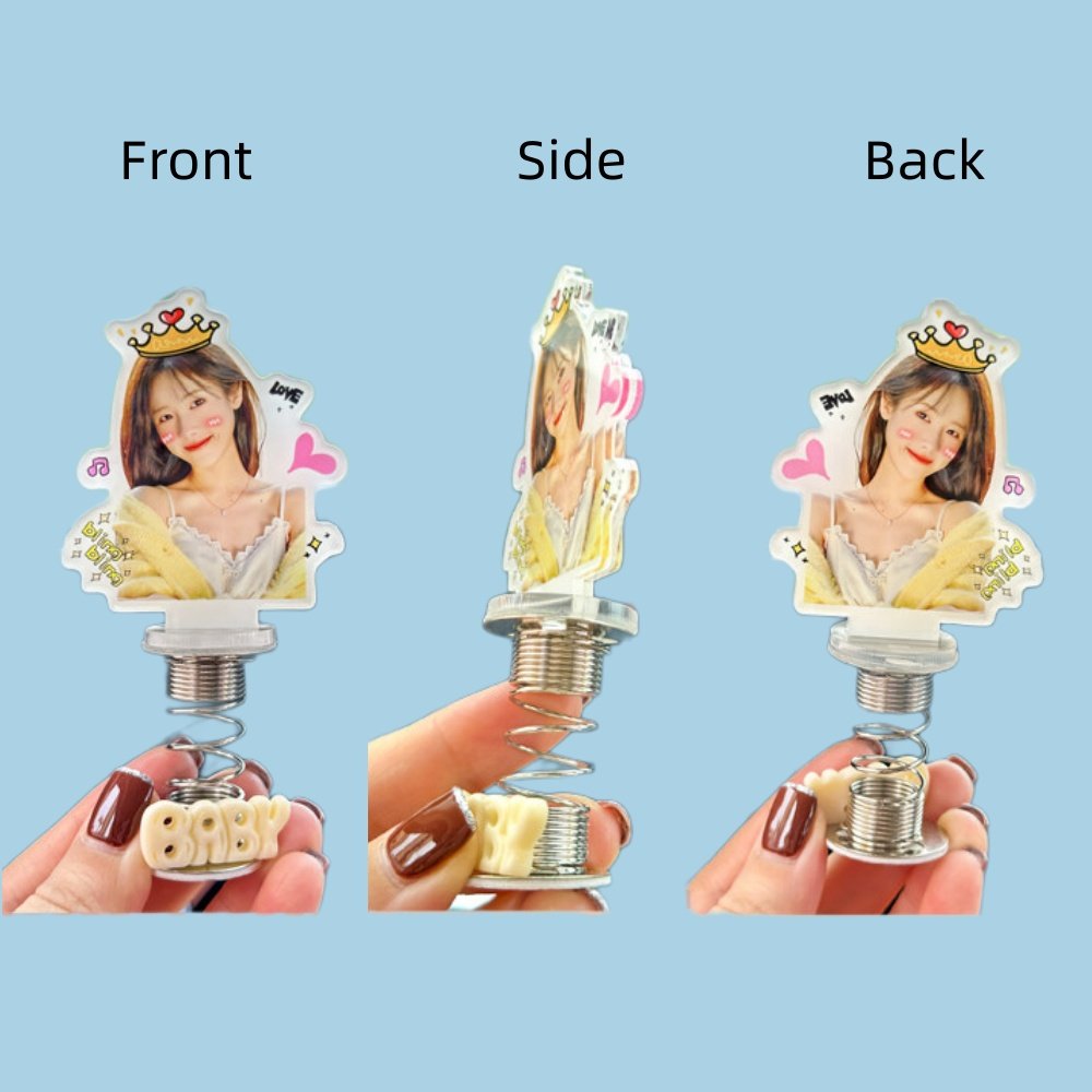 Three angle views of a custom photo spring bobblehead - front, side and back - showing the printed acrylic figure on a metal