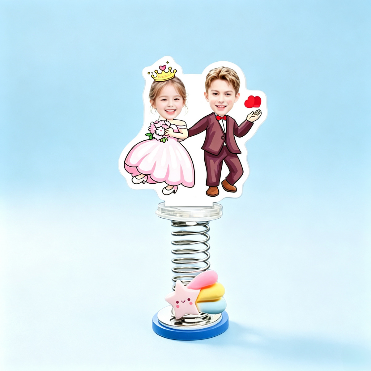 Wedding Couple Custom Photo Spring Bobblehead — personalized acrylic spring figure made from your photo, little bride and