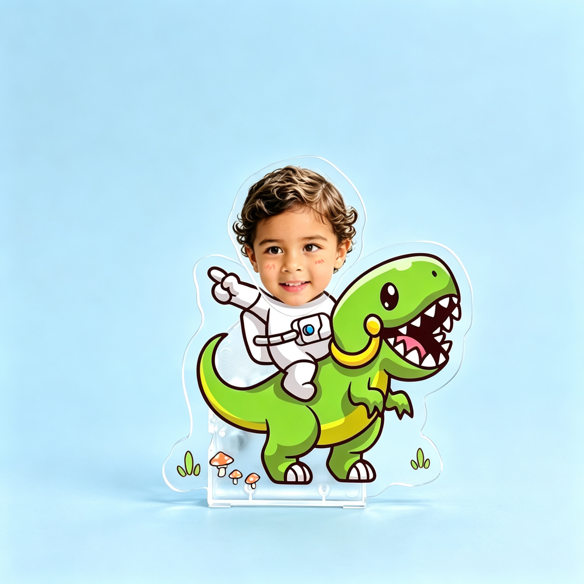 Astronaut Dino Custom Photo Wobble Figure — personalized acrylic standee made from your photo, astronaut kid riding a t-rex