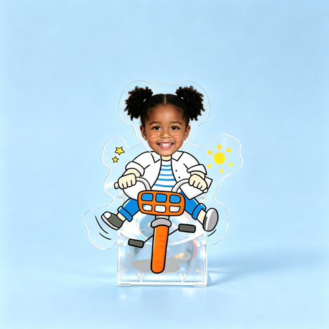 Bike Rider II Custom Photo Wobble Figure — personalized acrylic standee made from your photo, girl on an orange bicycle with