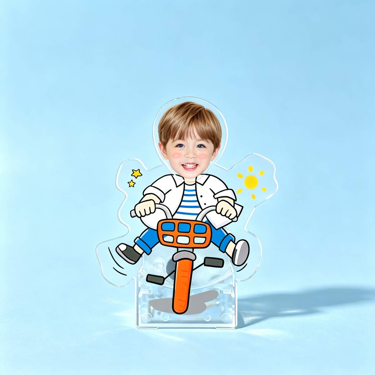 Bike Rider Custom Photo Wobble Figure — personalized acrylic standee made from your photo, boy on an orange bicycle with a