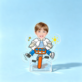 Bike Rider Custom Photo Wobble Figure — personalized acrylic standee made from your photo, boy on an orange bicycle with a