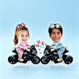 Biker Duo Custom Photo Wobble Figure — personalized acrylic standee made from your photo, two kids riding black motorbikes