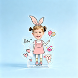 Biu Biu II Custom Photo Wobble Figure — personalized acrylic standee made from your photo, girl in pink overalls with