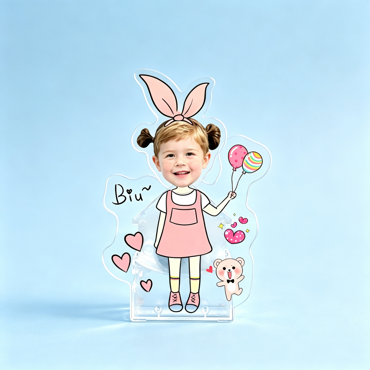 Biu Biu II Custom Photo Wobble Figure — personalized acrylic standee made from your photo, girl in pink overalls with