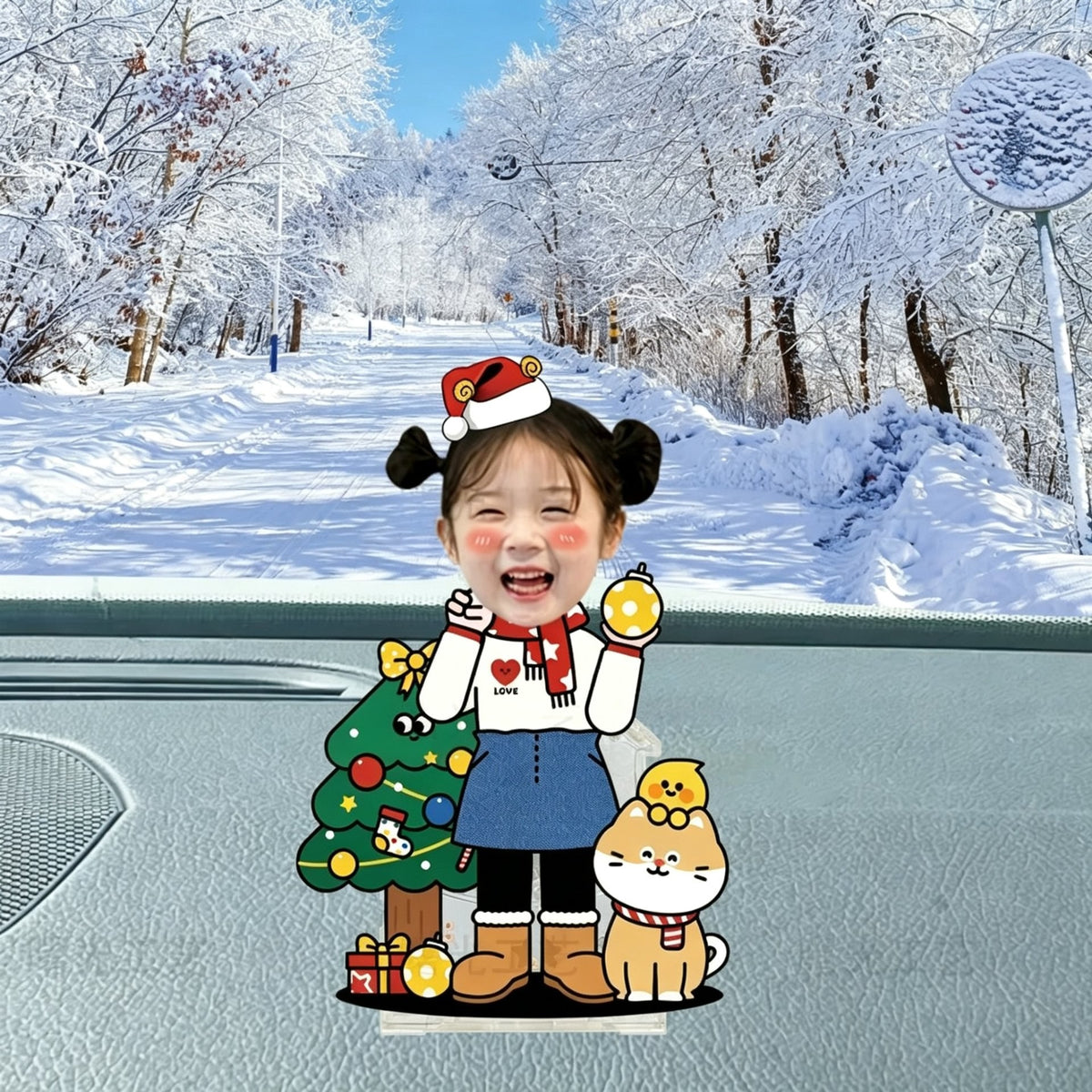 Custom Christmas girl photo wobble figure — laughing girl in a Santa hat beside a decorated Christmas tree and a cute cat in the snow, personalized holiday wobbling desk ornament