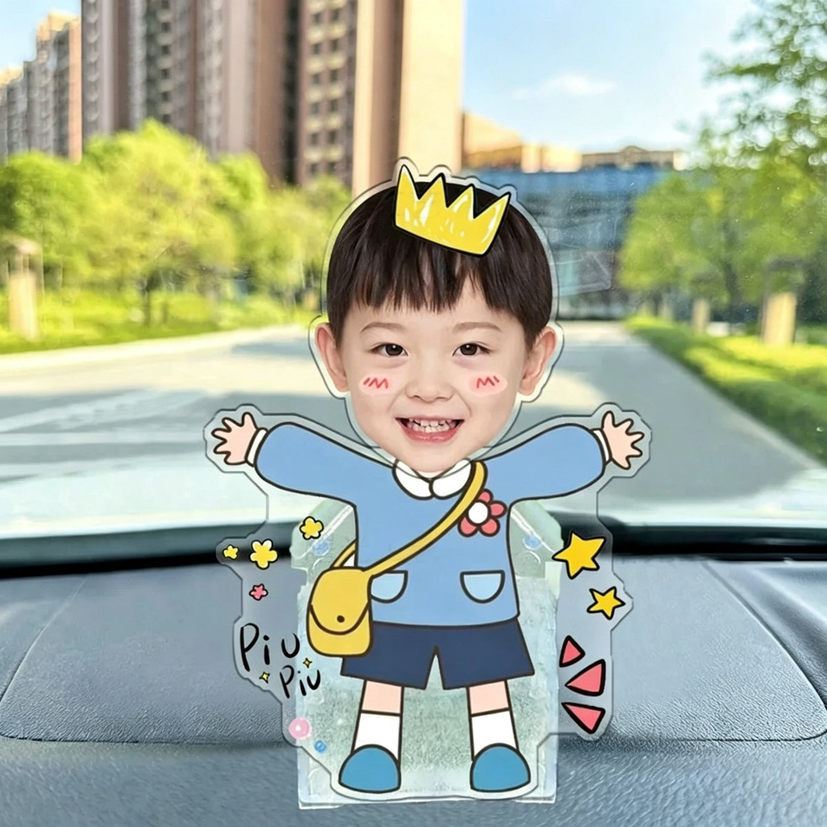 Custom crown boy photo wobble figure — cheerful boy with a golden crown stretching his arms wide with playful stars, personalized wobbling desk ornament
