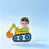 Excavator Custom Photo Wobble Figure — personalized acrylic standee made from your photo, kid operating a yellow excavator