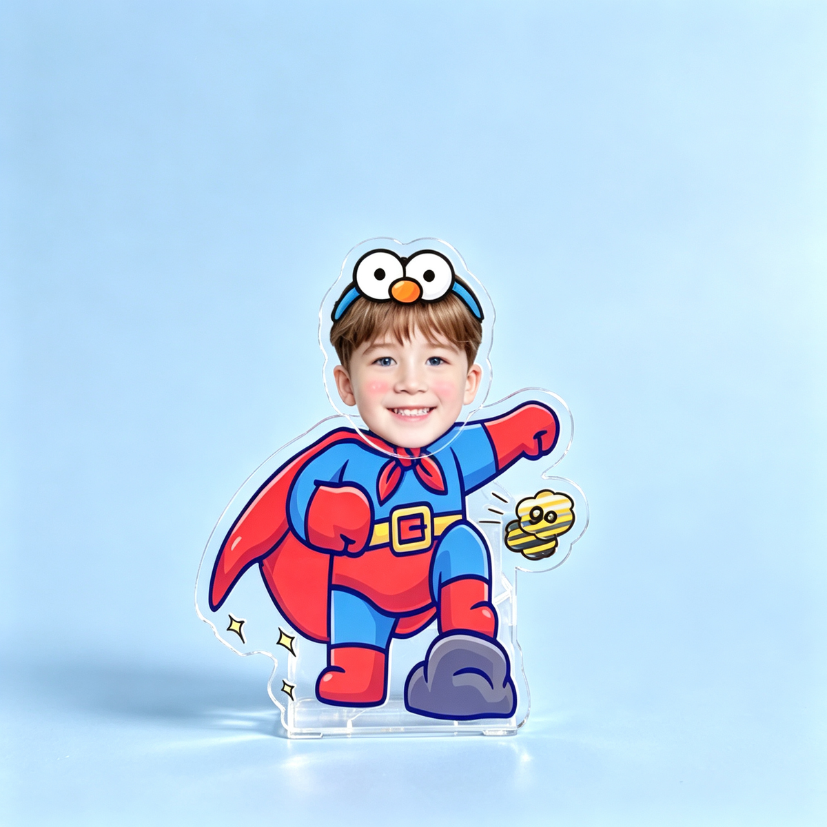 Flying Hero Custom Photo Wobble Figure — personalized acrylic standee made from your photo, superhero boy leaping with a red