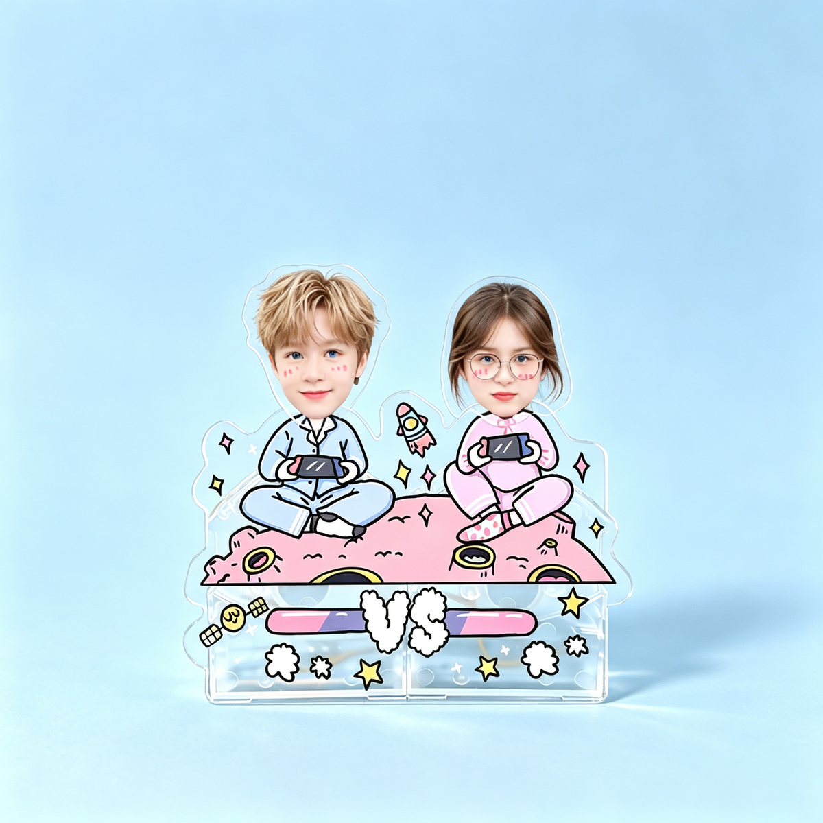 Gaming Duo Custom Photo Wobble Figure — personalized acrylic standee made from your photo, couple playing handheld games on