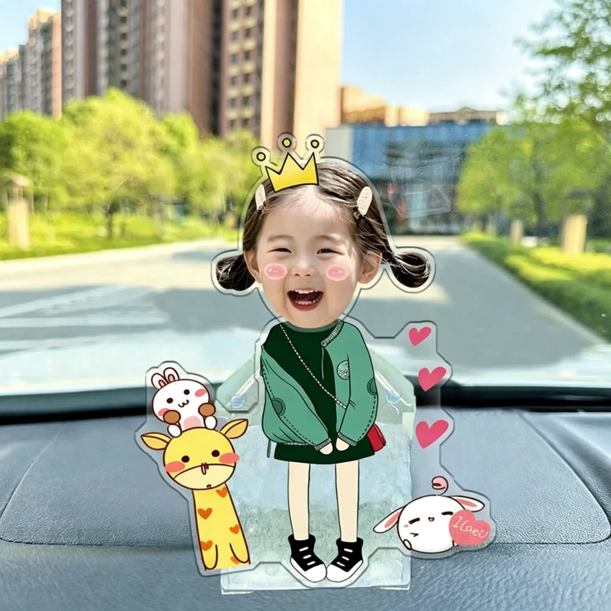 Custom giraffe friend girl photo wobble figure — laughing girl with a golden crown and green cardigan beside a cute giraffe and bunny with hearts, personalized wobbling desk ornament