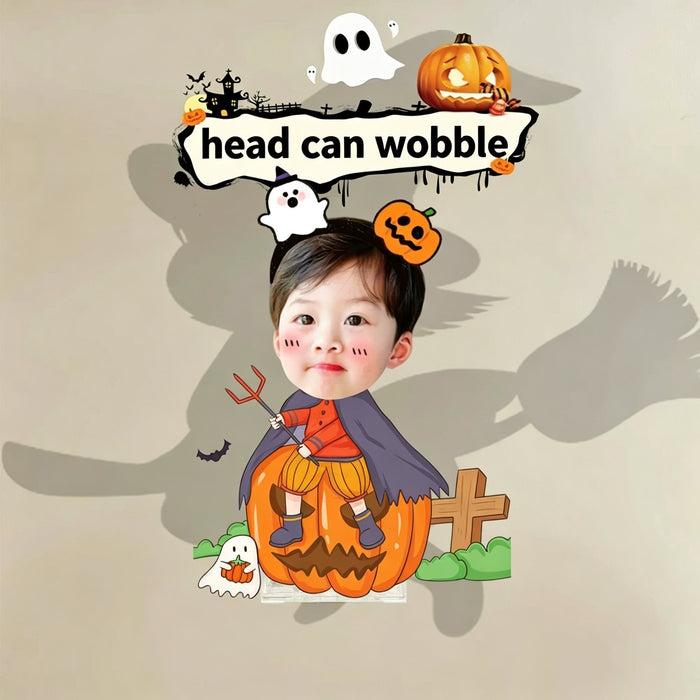 Custom Halloween little devil pumpkin photo wobble figure — little boy in a devil costume riding a carved jack-o'-lantern with a ghost, personalized Halloween desk ornament