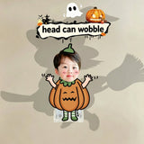 Custom Halloween pumpkin photo wobble figure — little boy in a pumpkin costume with a ghost and jack-o'-lantern, personalized Halloween wobbling desk ornament