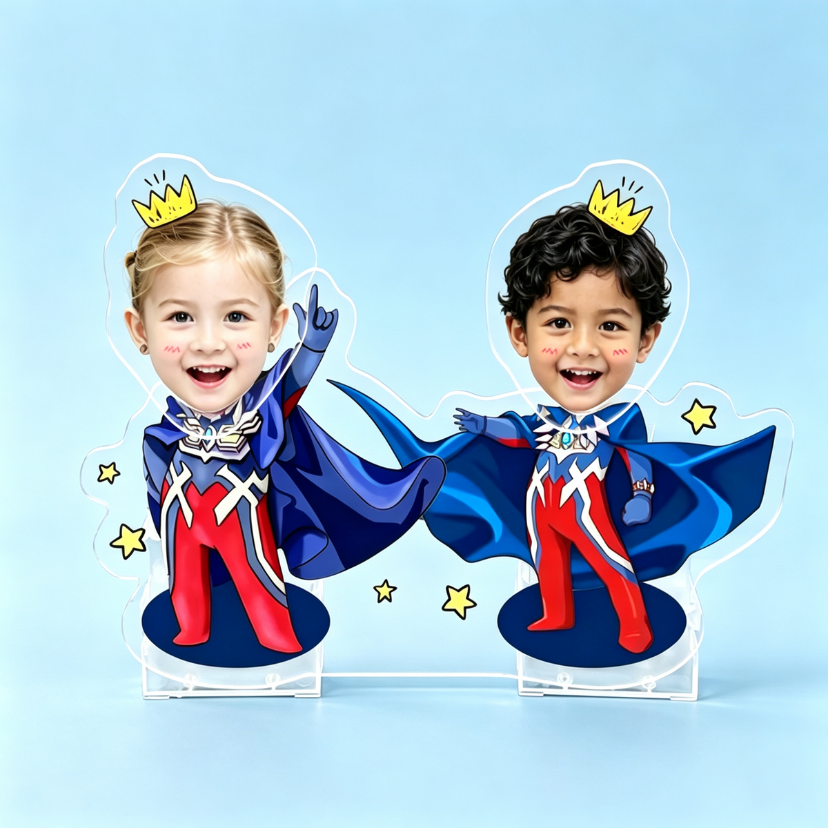 Hero Duo Custom Photo Wobble Figure — personalized acrylic standee made from your photo, two kids in matching blue and red