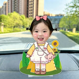 Custom little lamb girl photo wobble figure — smiling girl in a fluffy lamb costume with a pink bow and sunflower, personalized spring wobbling desk ornament