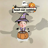 Custom little wizard cauldron photo wobble figure — little boy in a purple star witch hat stirring a pumpkin cauldron with bats around, personalized Halloween wobbling desk ornament