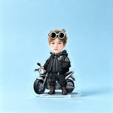 Motorcycle Rider Custom Photo Wobble Figure — personalized acrylic standee made from your photo, kid in a biker jacket and sunglasses standing with a motorcycle