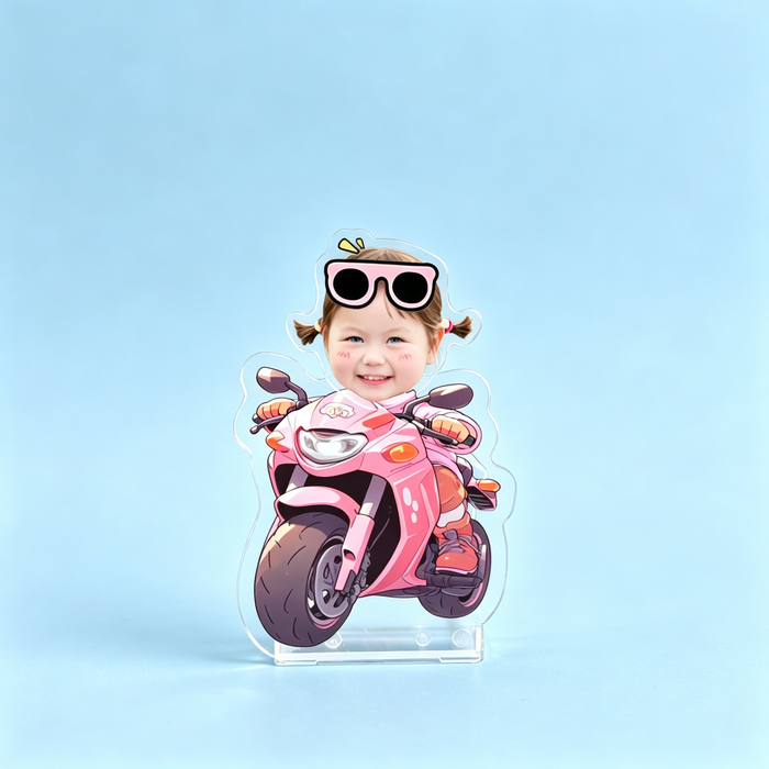 Motorcycle Custom Photo Wobble Figure — personalized acrylic standee made from your photo, girl riding a pink cartoon