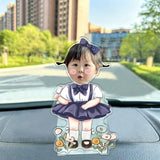 Custom navy bow girl photo wobble figure — little girl in a navy tutu dress with a big bow holding a popsicle among flowers, personalized wobbling desk ornament