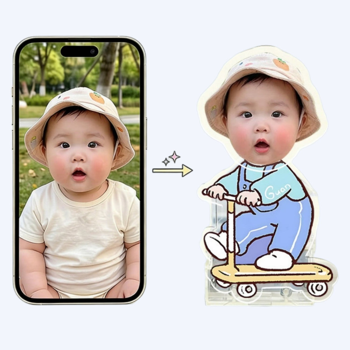 How it works - send us your photo and we turn it into a custom wobble figure, example of a baby photo transformed into a