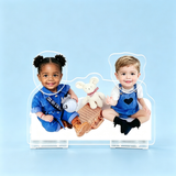 Picnic Baby Custom Photo Wobble Figure — personalized acrylic standee made from your photo, two babies in denim overalls