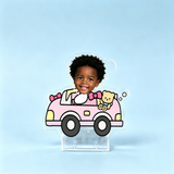 Pink Cruiser Custom Photo Wobble Figure — personalized acrylic standee made from your photo, kid driving a pink cartoon car