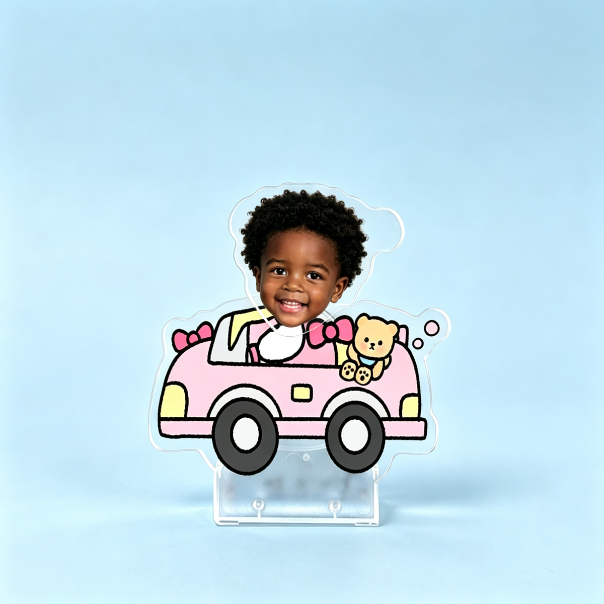 Pink Cruiser Custom Photo Wobble Figure — personalized acrylic standee made from your photo, kid driving a pink cartoon car
