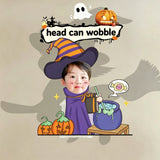 Custom pumpkin wizard photo wobble figure — little boy in a striped witch hat stirring a wizard cauldron beside carved jack-o'-lanterns, personalized Halloween desk ornament