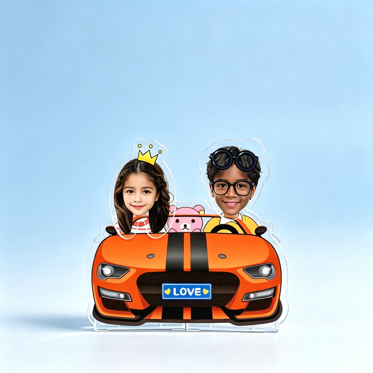 Racing Love Custom Photo Wobble Figure — personalized acrylic standee made from your photo, couple in an orange sports car