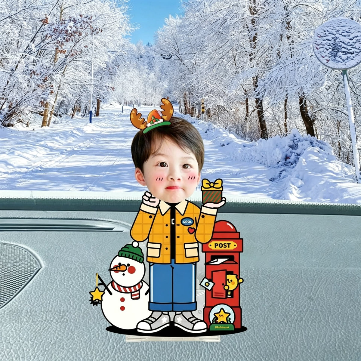 Custom reindeer boy photo wobble figure — sweet boy with reindeer antlers beside a snowman and a red post box in the snow, personalized Christmas wobbling desk ornament