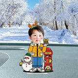 Custom reindeer boy photo wobble figure — sweet boy with reindeer antlers beside a snowman and a red post box in the snow, personalized Christmas wobbling desk ornament