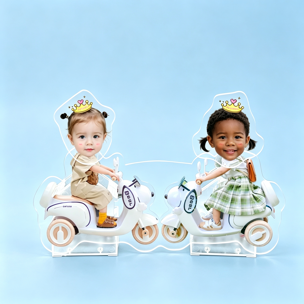 Scooter Duo Custom Photo Wobble Figure — personalized acrylic standee made from your photo, two kids riding white scooters