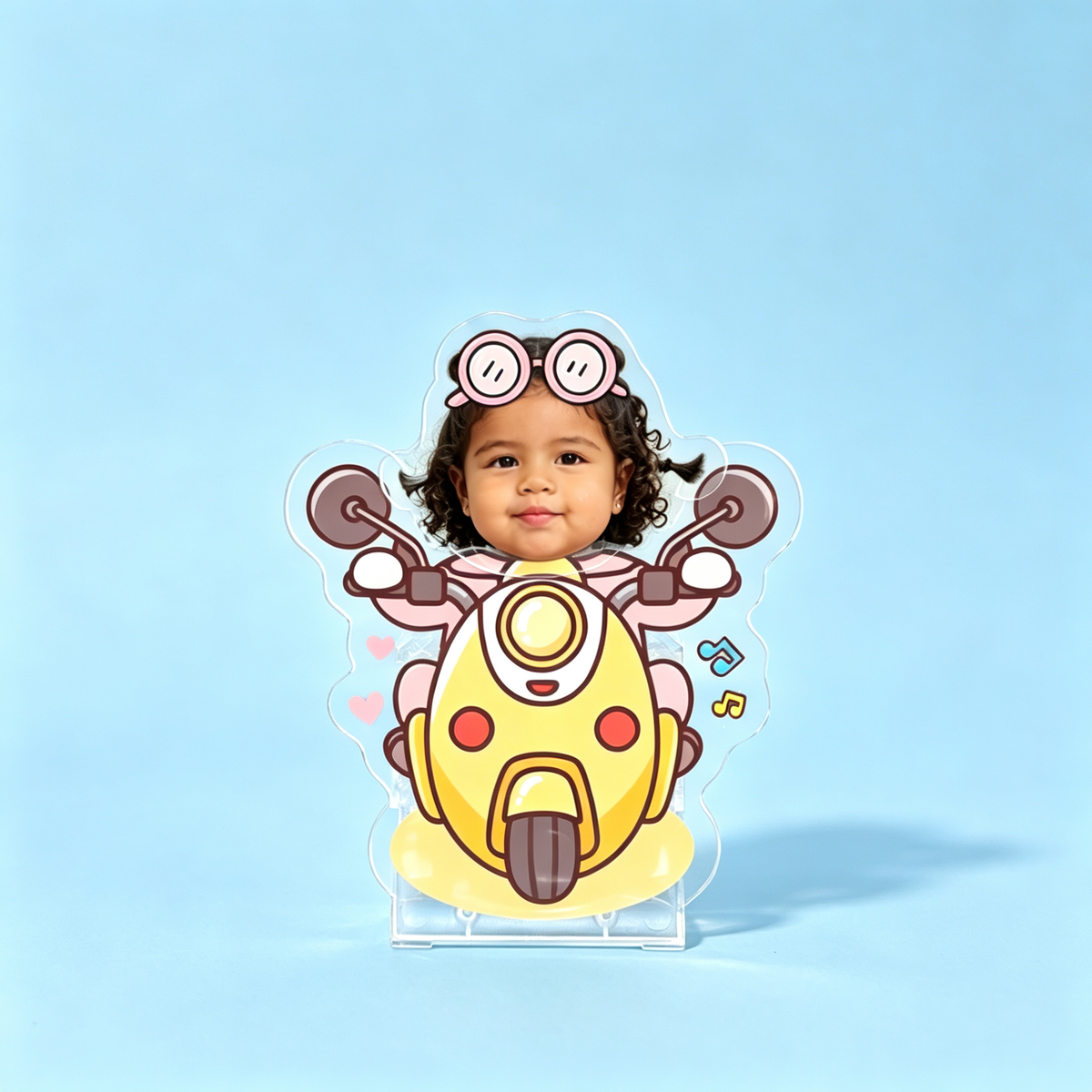 Scooter II Custom Photo Wobble Figure — personalized acrylic standee made from your photo, girl riding a yellow cartoon
