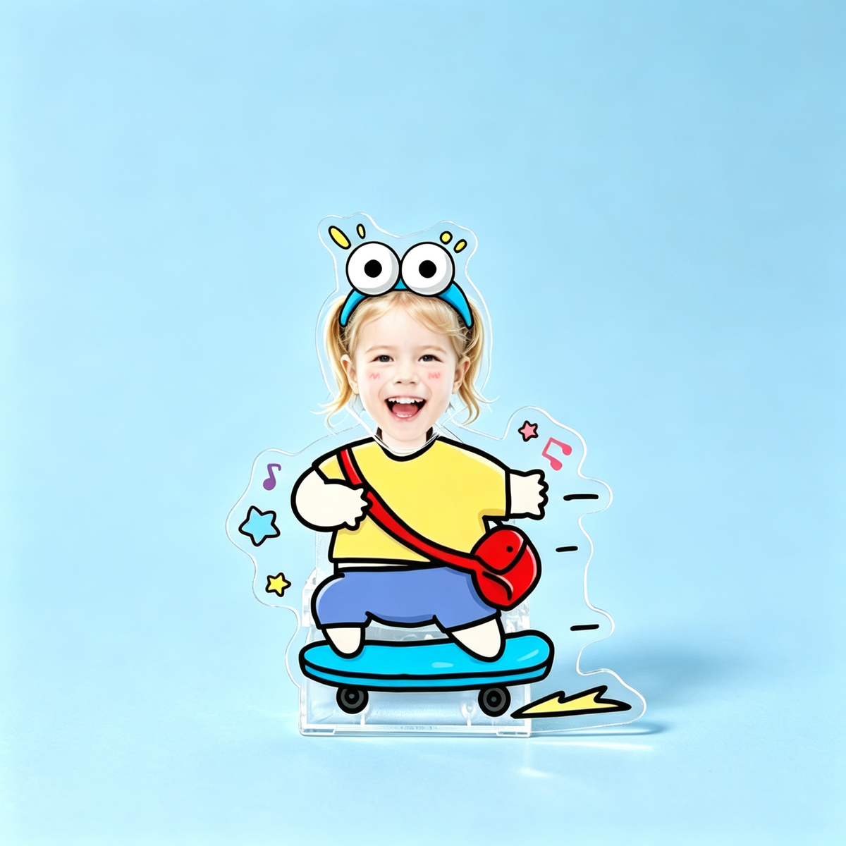 Skateboard Custom Photo Wobble Figure — personalized acrylic standee made from your photo, girl riding a blue skateboard