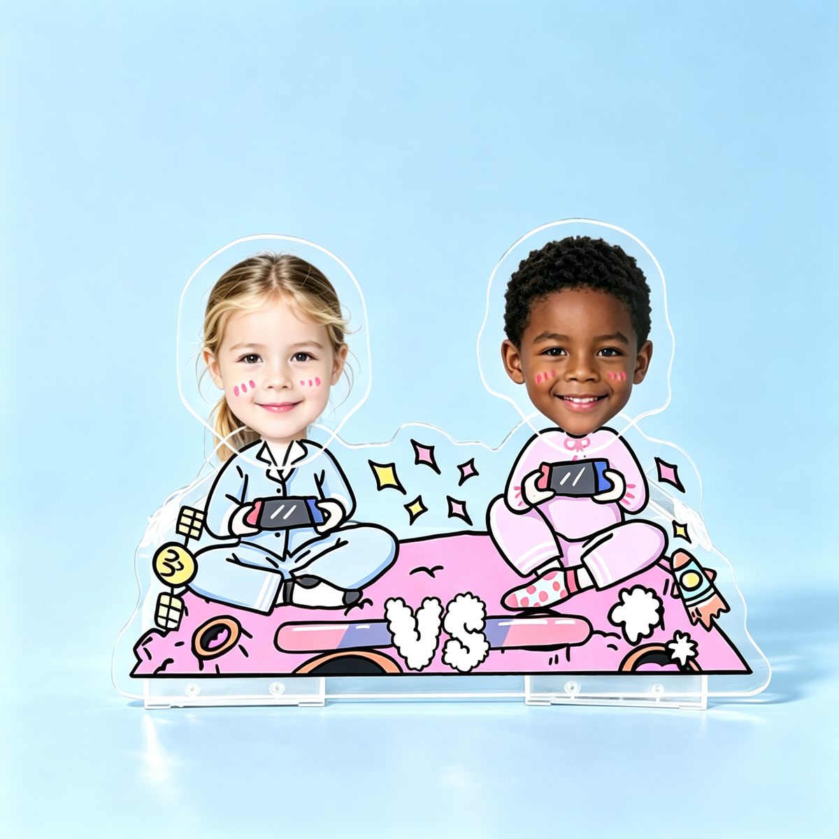 Space Gamers Custom Photo Wobble Figure — personalized acrylic standee made from your photo, two kids with space helmets