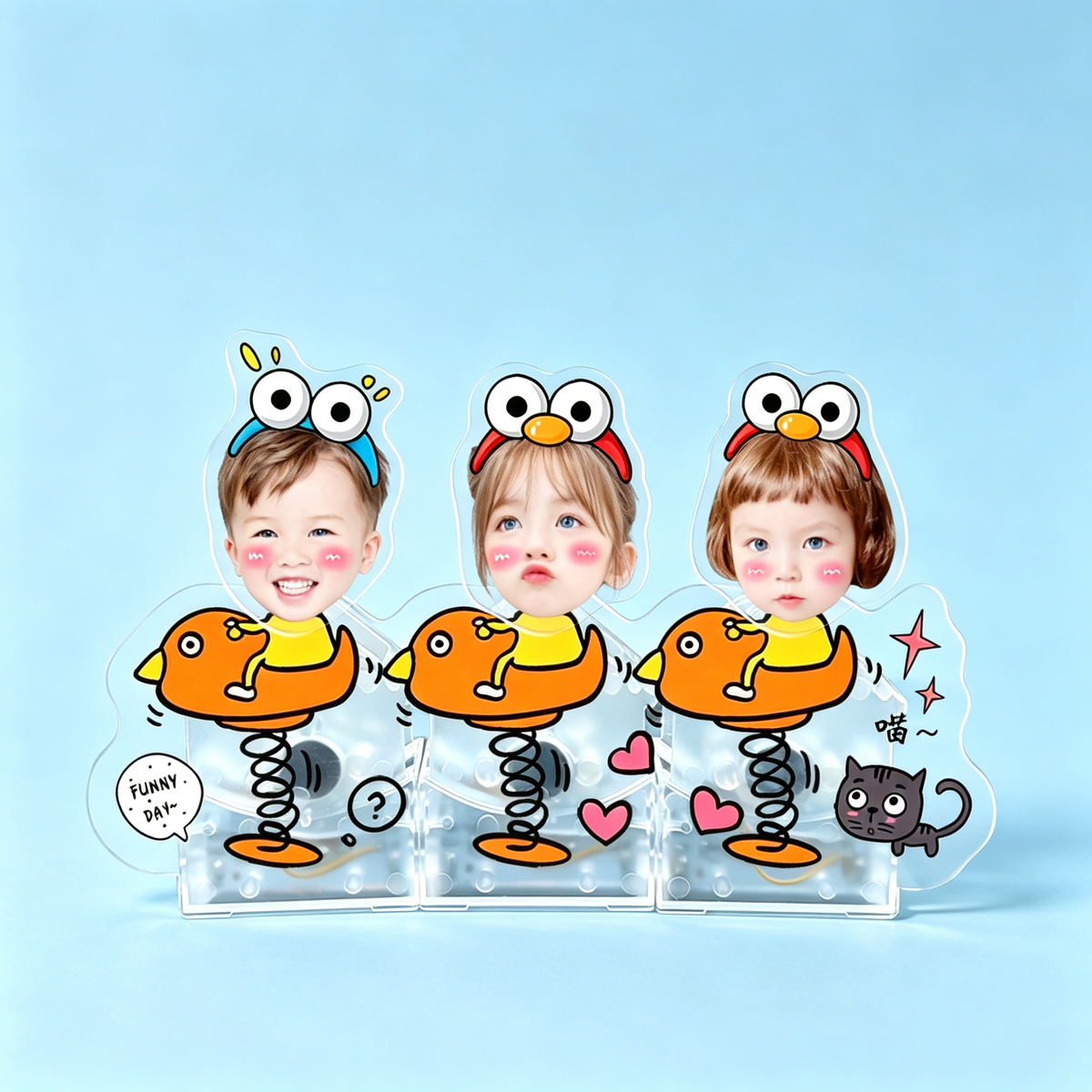 Spring Bird Custom Photo Wobble Figure — personalized acrylic standee made from your photo, three kids on orange spring bird