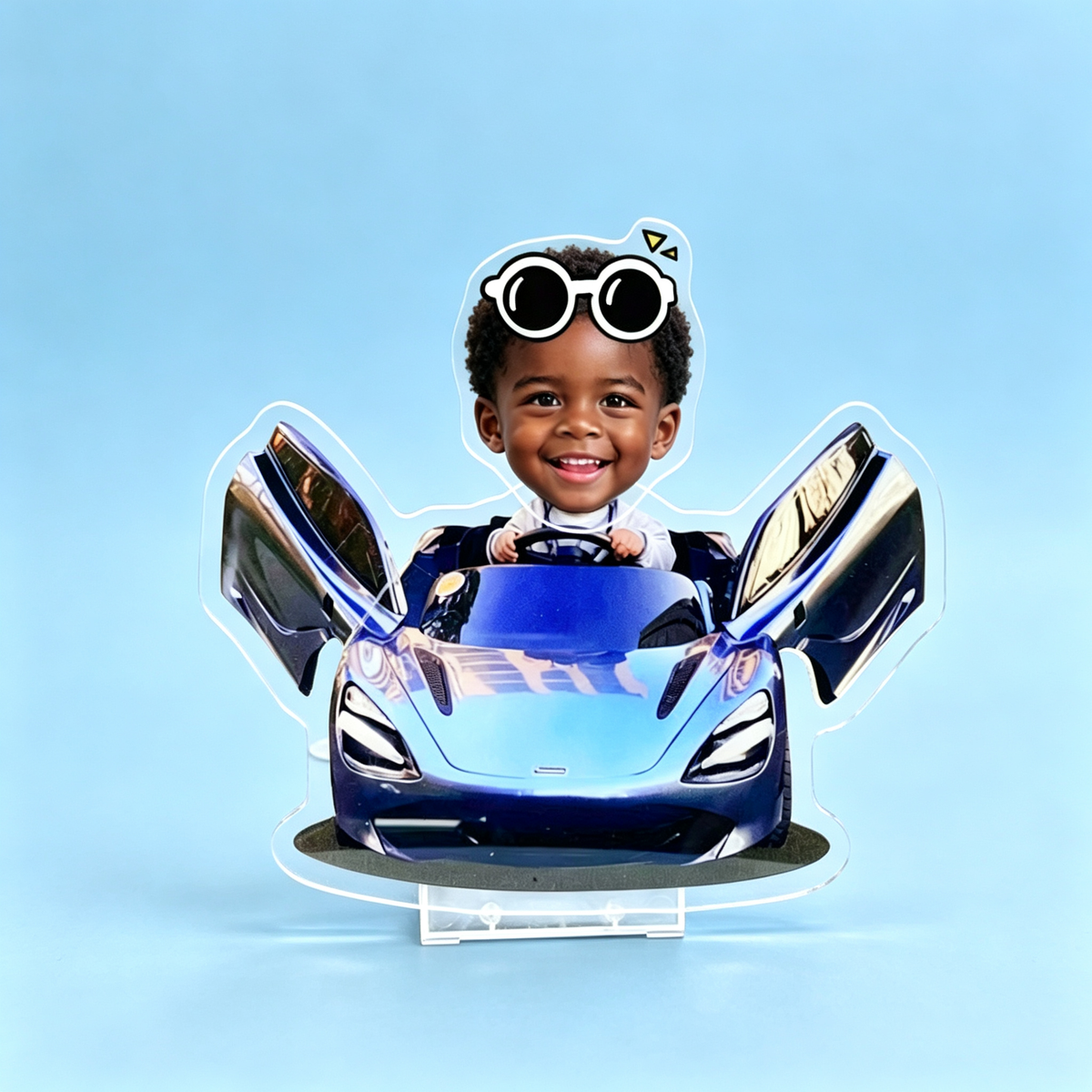 Supercar Custom Photo Wobble Figure — personalized acrylic standee made from your photo, kid driving a blue supercar with