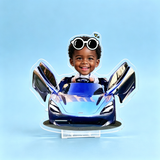 Supercar Custom Photo Wobble Figure — personalized acrylic standee made from your photo, kid driving a blue supercar with