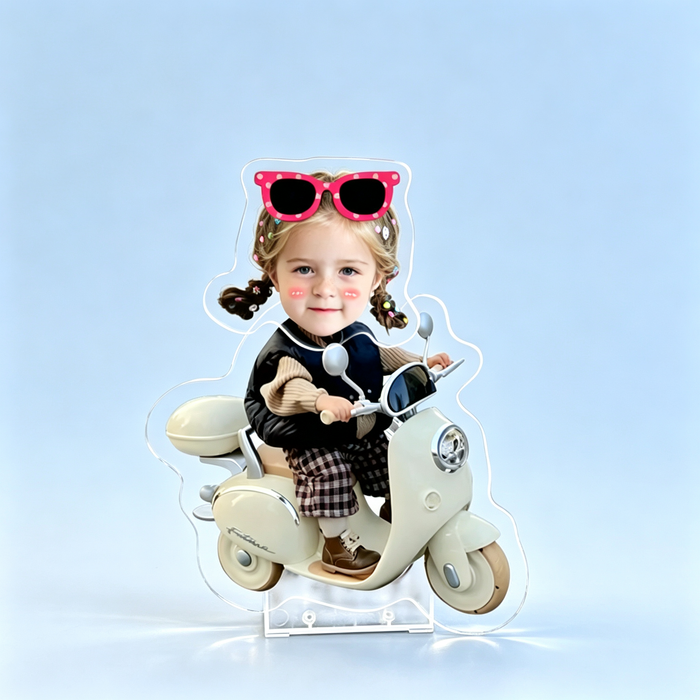Vespa Girl Custom Photo Wobble Figure — personalized acrylic standee made from your photo, girl on a cream retro vespa with