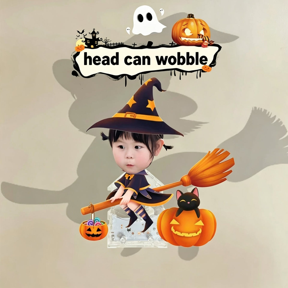 Custom witch broom photo wobble figure — little girl in a black star witch hat riding a broom with a black cat and jack-o'-lantern, personalized Halloween wobbling desk ornament
