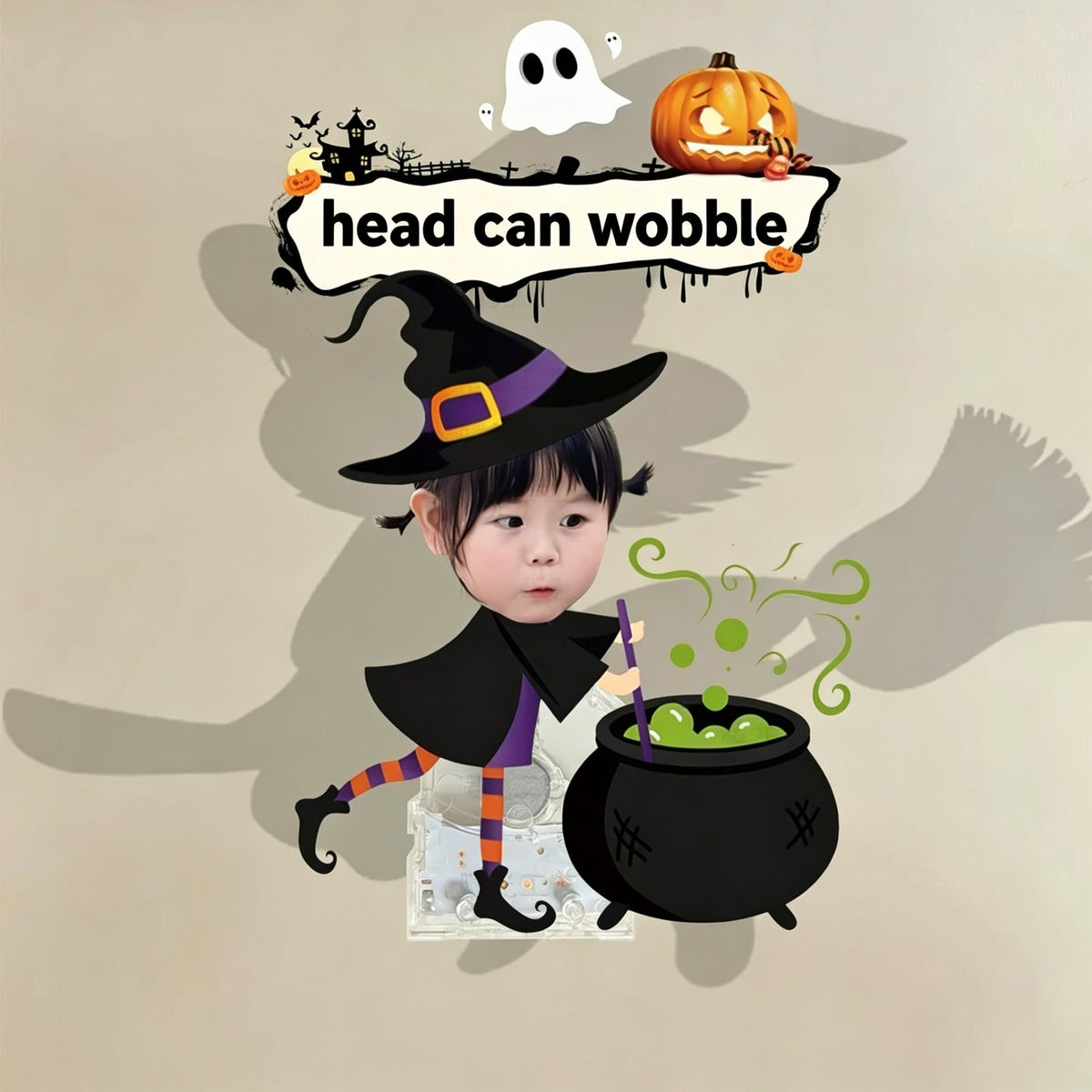 Custom witch cauldron photo wobble figure — little girl in a black witch hat stirring a bubbling green cauldron, personalized Halloween wobbling desk ornament