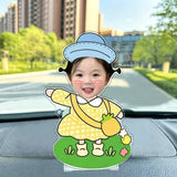 Custom yellow dress girl photo wobble figure — smiling girl in a blue sun hat and yellow gingham dress with a pineapple bag, waving hello, personalized wobbling desk ornament