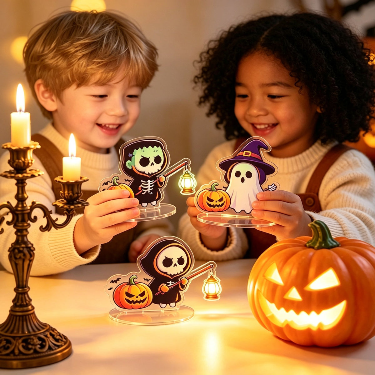 Two Halloween acrylic standee sensor lights lit up on a wooden table — Frankenstein and pumpkin designs glowing with warm LED light next to a jack-o'-lantern