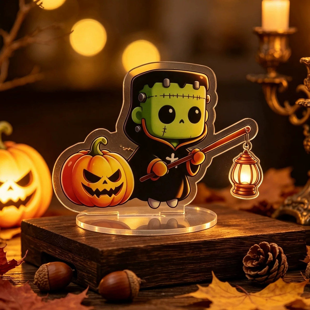 Halloween Frankenstein acrylic standee sensor light — cute green monster with stitches holding a lantern that glows with LED light, motion-activated acrylic desk decoration