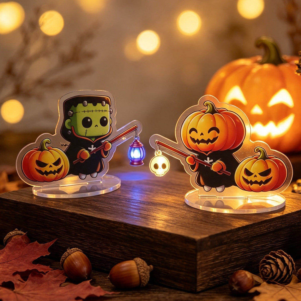 Kids holding Halloween acrylic standee sensor lights — witch, skeleton and pumpkin characters glowing with LED light on a table with candles and a jack-o'-lantern