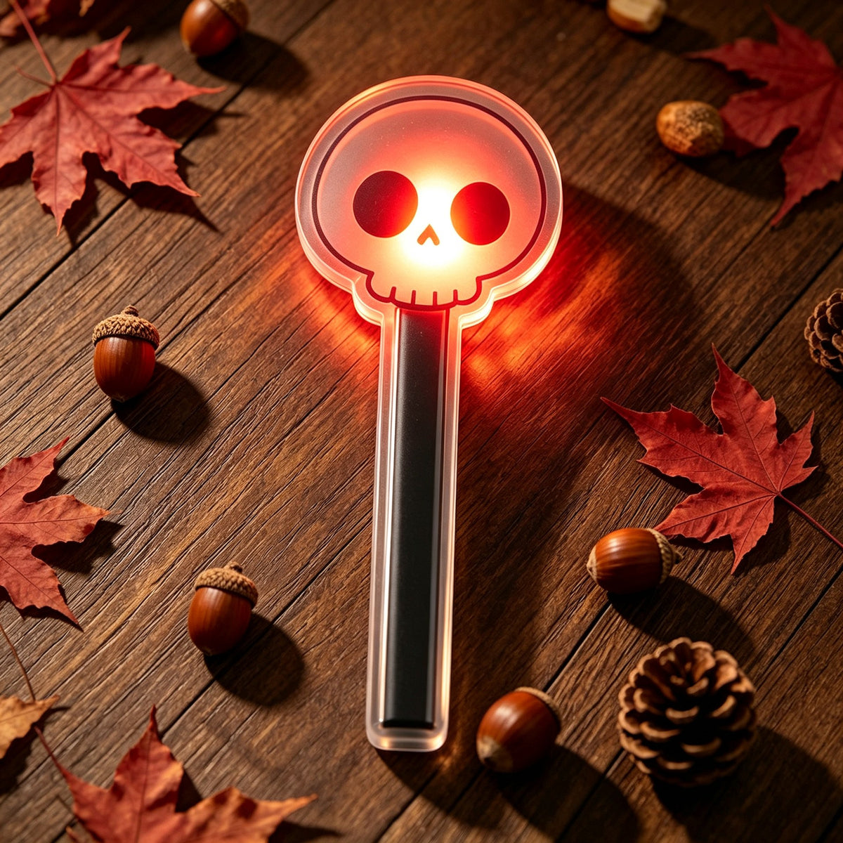 Halloween sensor light detail — glowing skull-shaped LED lamp on an acrylic stand, close-up of the motion-activated light glowing in the dark