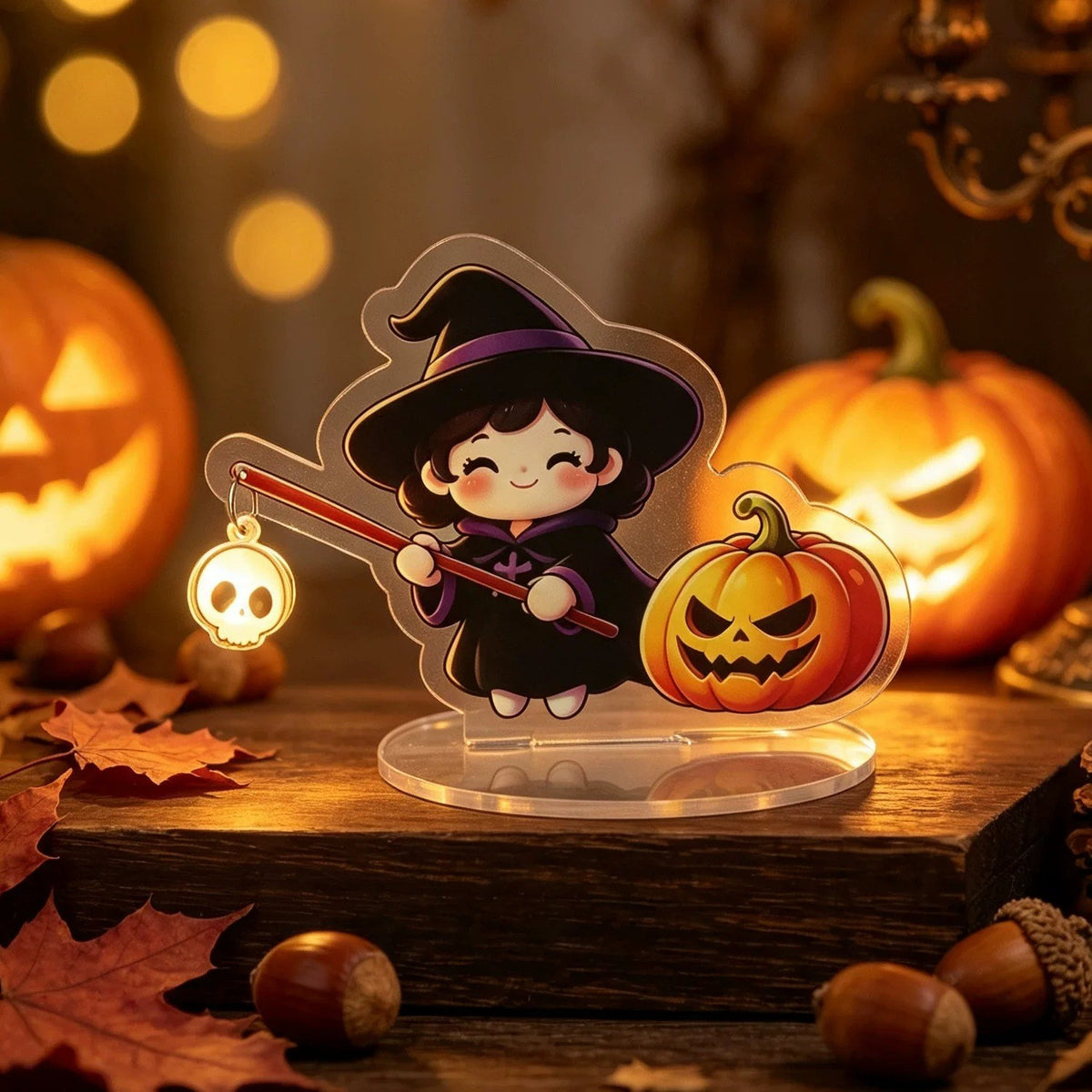 Halloween witch acrylic standee sensor light — cute little witch with a purple hat and a glowing pumpkin, motion-activated LED light on a clear acrylic stand