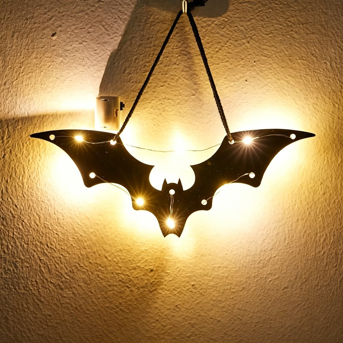 Halloween bat acrylic wall art light — wide winged bat silhouette glowing with warm LED fairy lights on a wall
